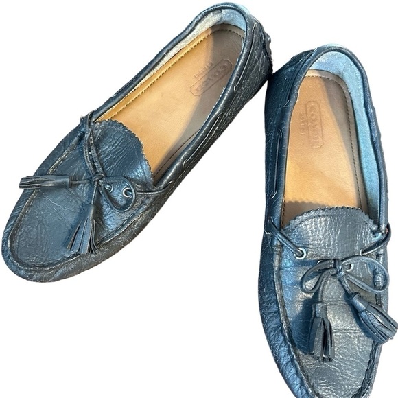 Coach Nadia Driving Loafers w/ Tassels Silver Gray Leather Boat Shoes Size 7B - Picture 1 of 9